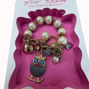 Betsey Johnson Half Stretch Bracelet With Owl Charm & Faux Pearls In Gift Box